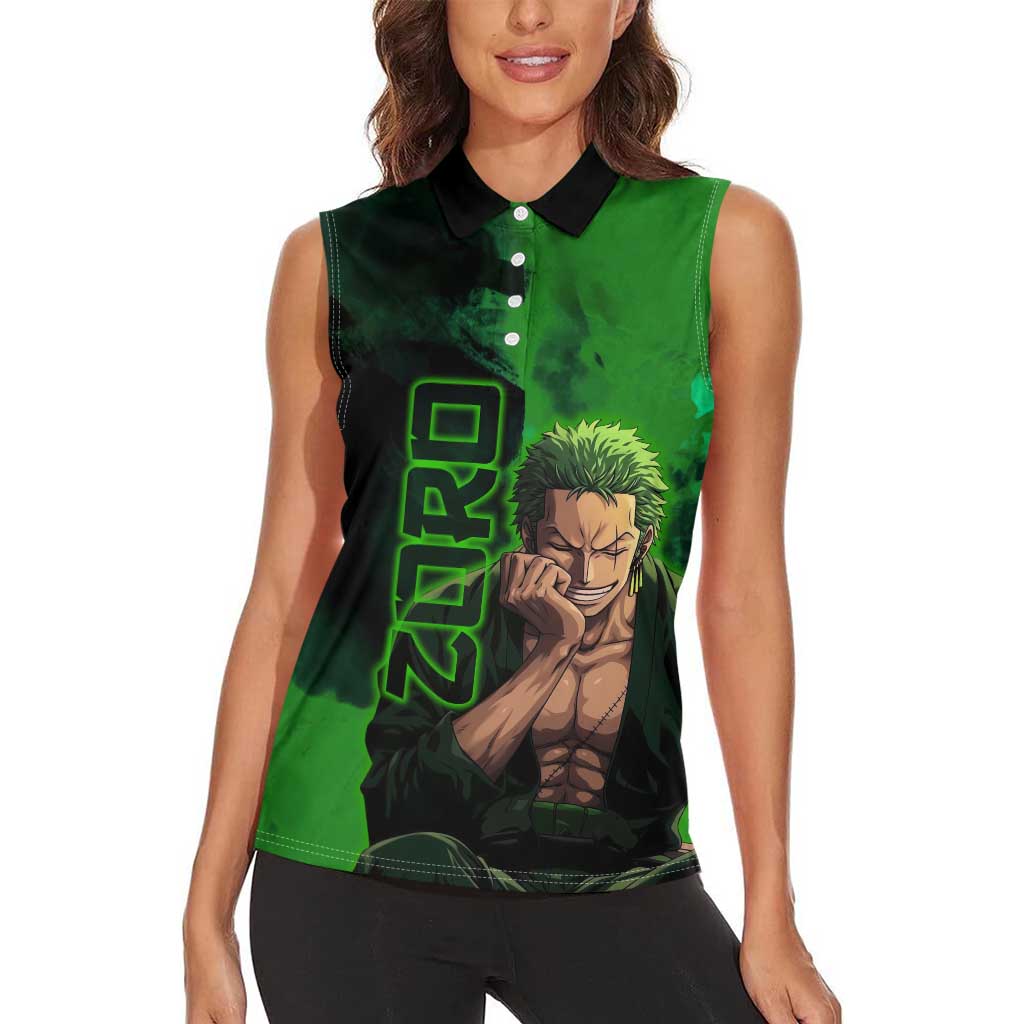 Zoro One Piece Green Theme Women Sleeveless Polo Shirt with Swordsman Pose and Three Sword Style Design - The Mazicc