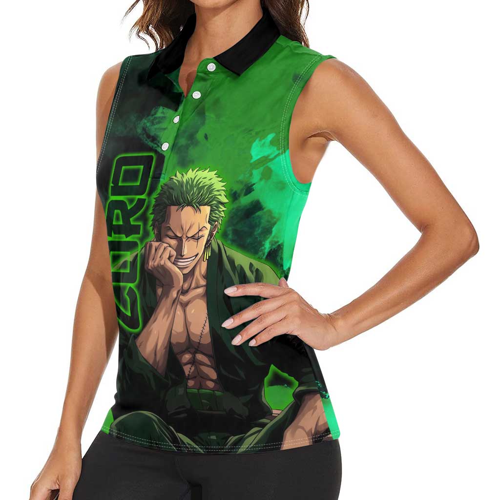 Zoro One Piece Green Theme Women Sleeveless Polo Shirt with Swordsman Pose and Three Sword Style Design - The Mazicc