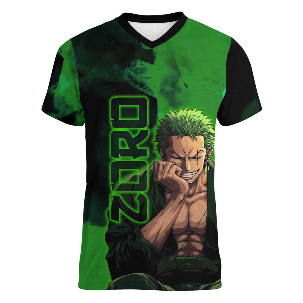 Zoro One Piece Green Theme Women V-Neck T-Shirt with Swordsman Pose and Three Sword Style Design - The Mazicc