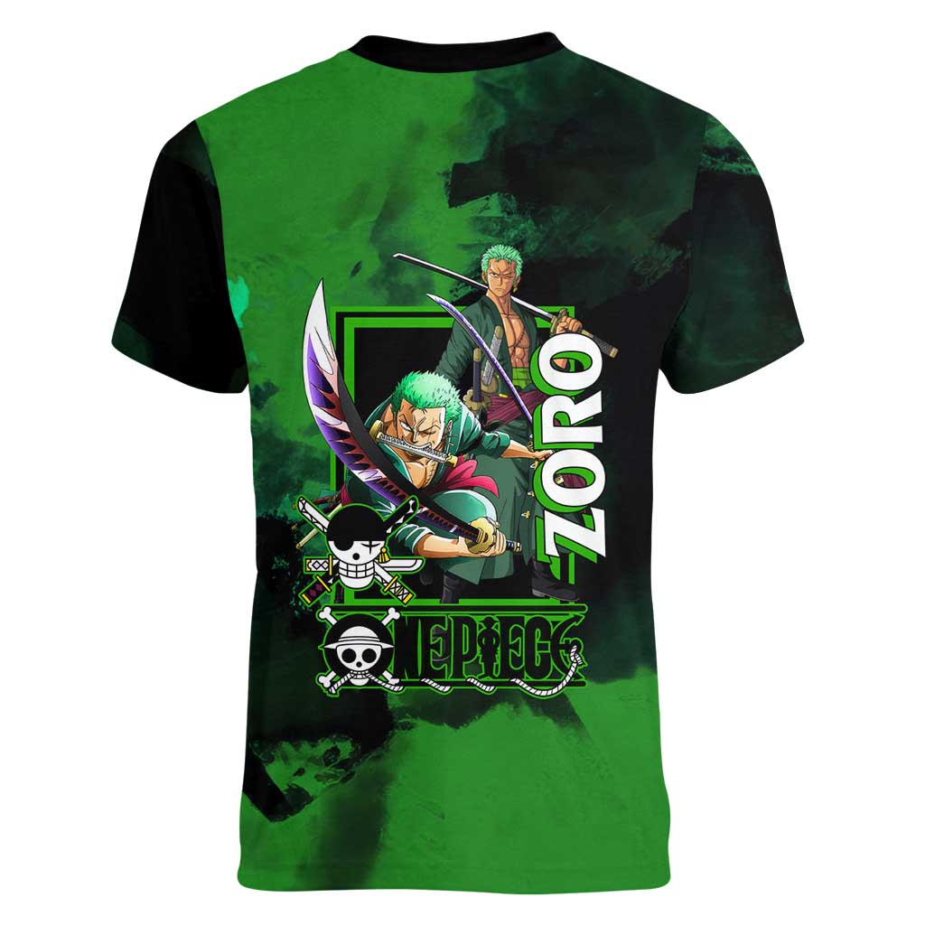 Zoro One Piece Green Theme Women V-Neck T-Shirt with Swordsman Pose and Three Sword Style Design - The Mazicc
