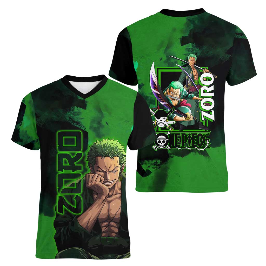 Zoro One Piece Green Theme Women V-Neck T-Shirt with Swordsman Pose and Three Sword Style Design - The Mazicc