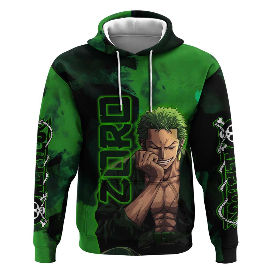 Zoro One Piece Green Theme Zip Hoodie with Swordsman Pose and Three Sword Style Design - The Mazicc