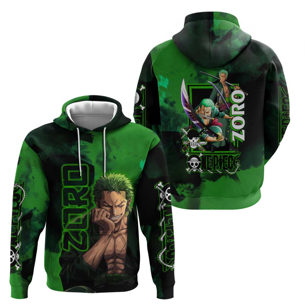 Zoro One Piece Green Theme Zip Hoodie with Swordsman Pose and Three Sword Style Design - The Mazicc