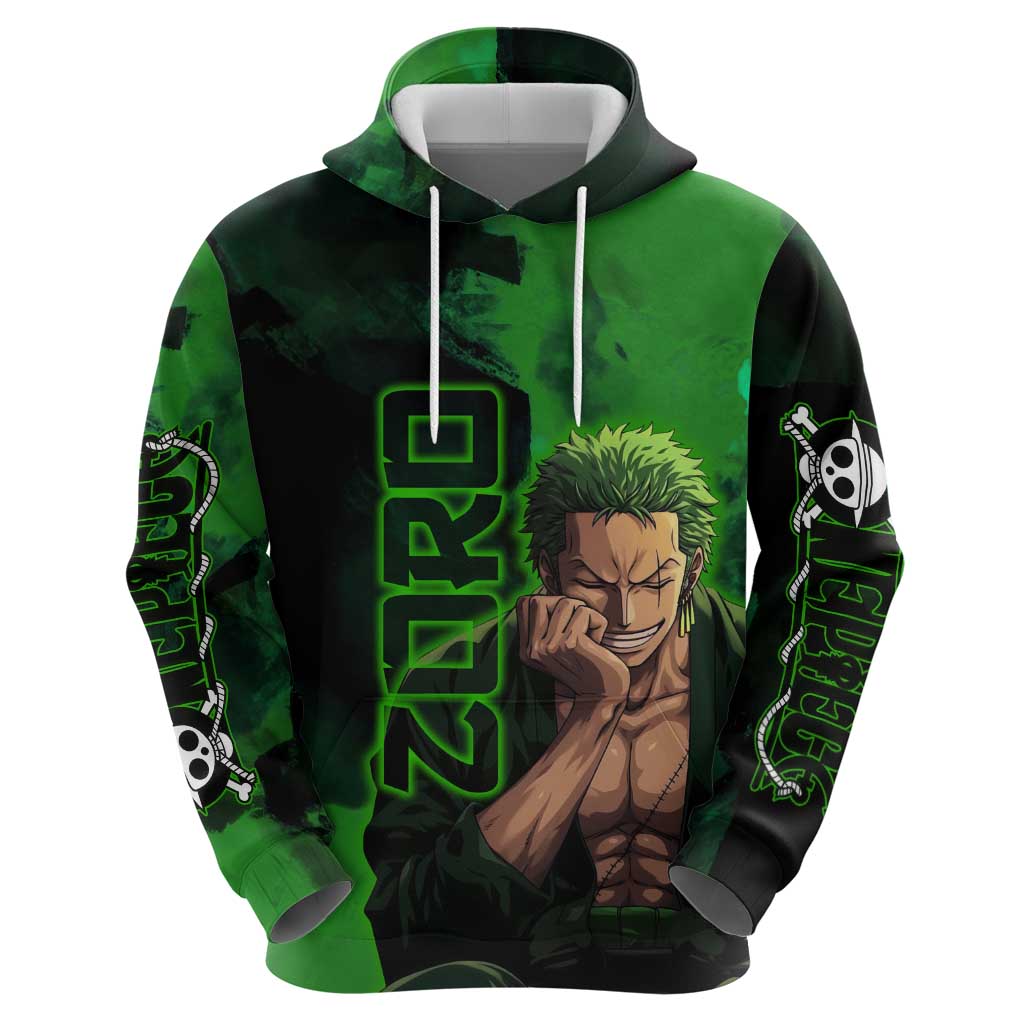 Zoro One Piece Green Theme Zip Hoodie with Swordsman Pose and Three Sword Style Design - The Mazicc