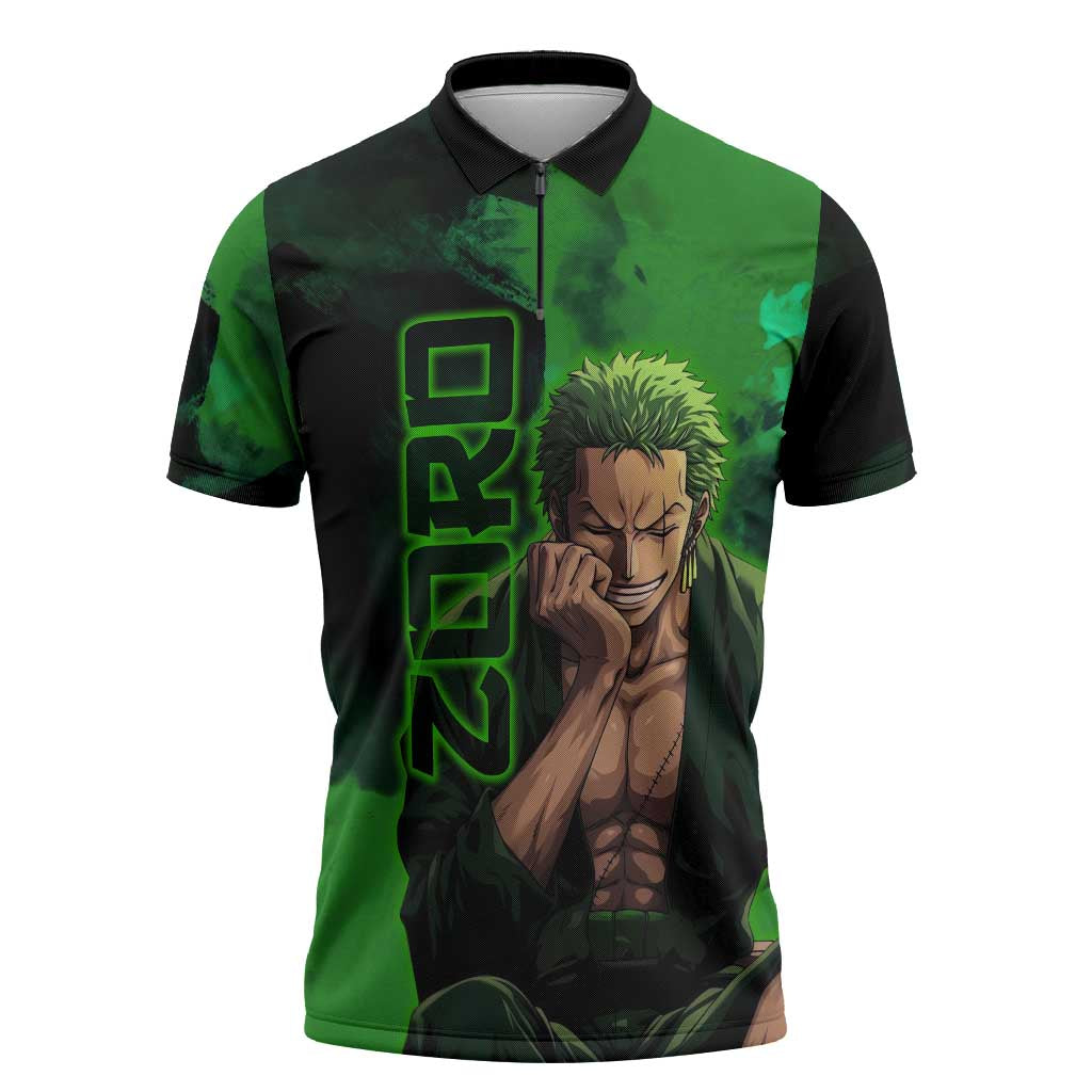 Zoro One Piece Green Theme Zipper Polo Shirt with Swordsman Pose and Three Sword Style Design - The Mazicc