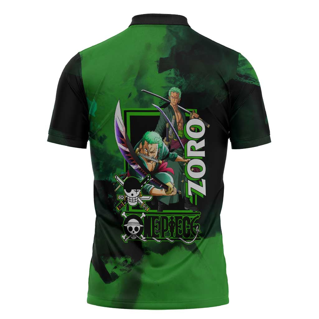 Zoro One Piece Green Theme Zipper Polo Shirt with Swordsman Pose and Three Sword Style Design - The Mazicc