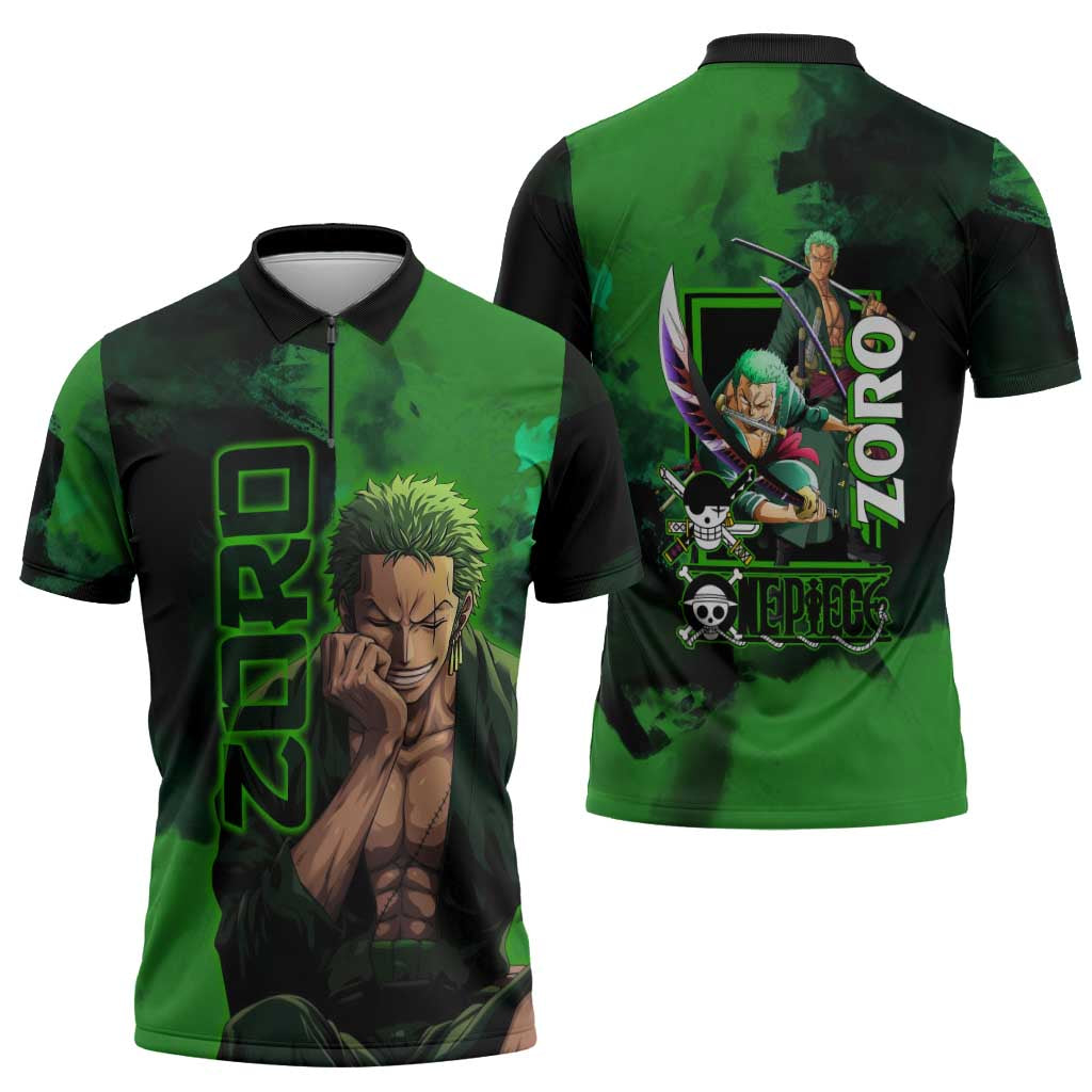 Zoro One Piece Green Theme Zipper Polo Shirt with Swordsman Pose and Three Sword Style Design - The Mazicc