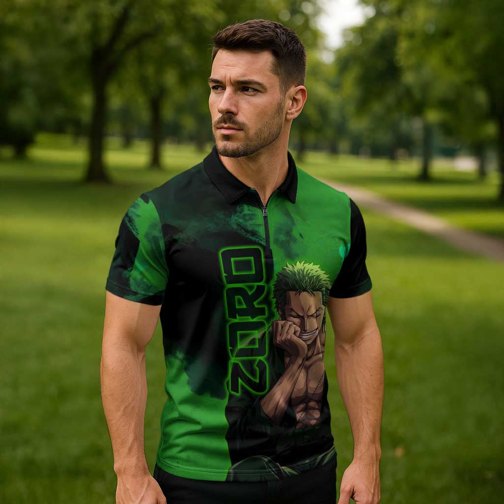 Zoro One Piece Green Theme Zipper Polo Shirt with Swordsman Pose and Three Sword Style Design - The Mazicc