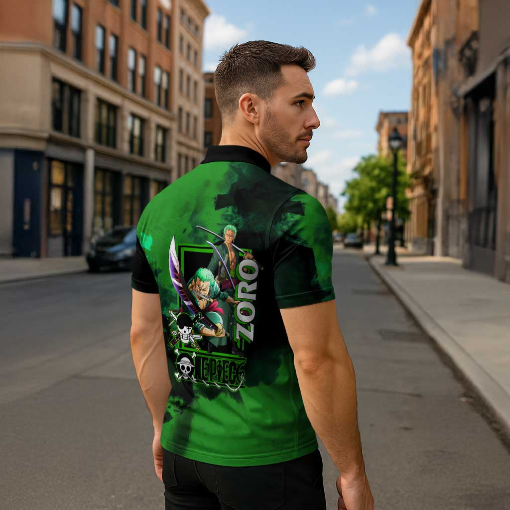 Zoro One Piece Green Theme Zipper Polo Shirt with Swordsman Pose and Three Sword Style Design - The Mazicc