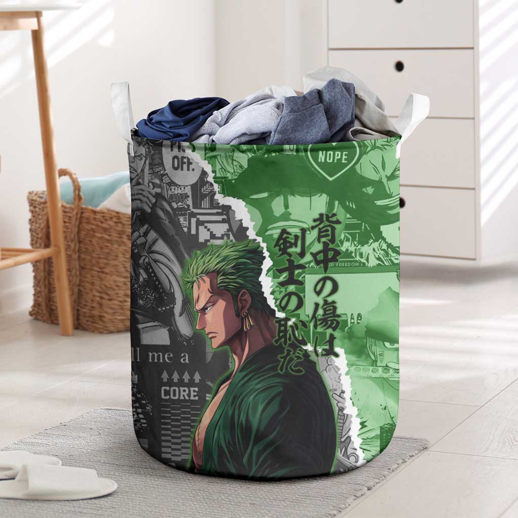 Zoro One Piece Green Theme Laundry Basket with Manga Collage and Dual Portrait Swordmaster Design - The Mazicc