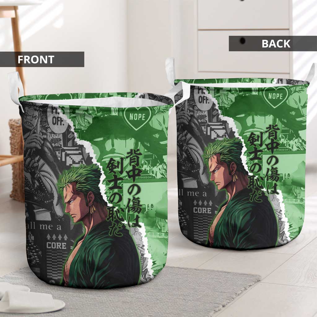 Zoro One Piece Green Theme Laundry Basket with Manga Collage and Dual Portrait Swordmaster Design - The Mazicc