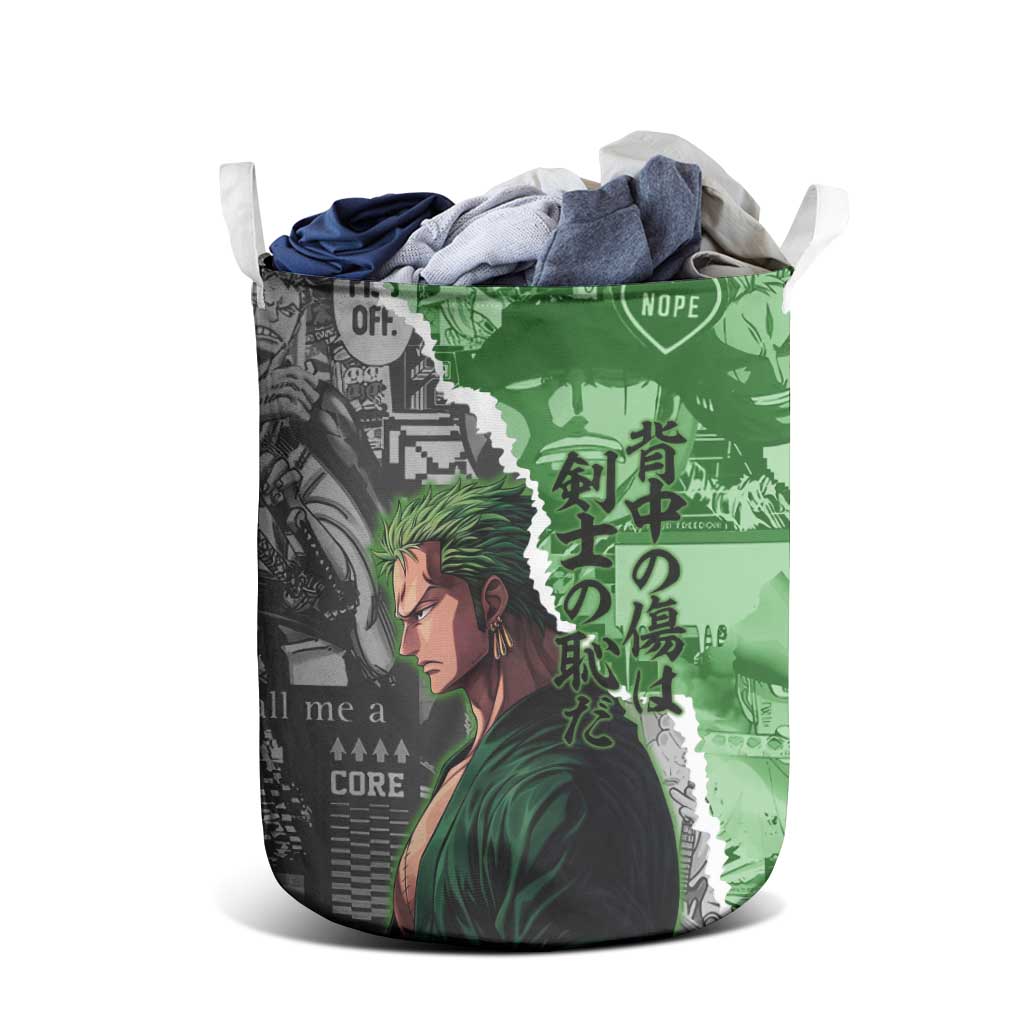 Zoro One Piece Green Theme Laundry Basket with Manga Collage and Dual Portrait Swordmaster Design - The Mazicc