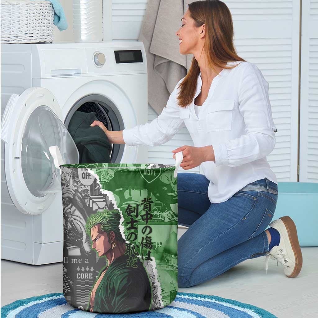 Zoro One Piece Green Theme Laundry Basket with Manga Collage and Dual Portrait Swordmaster Design - The Mazicc