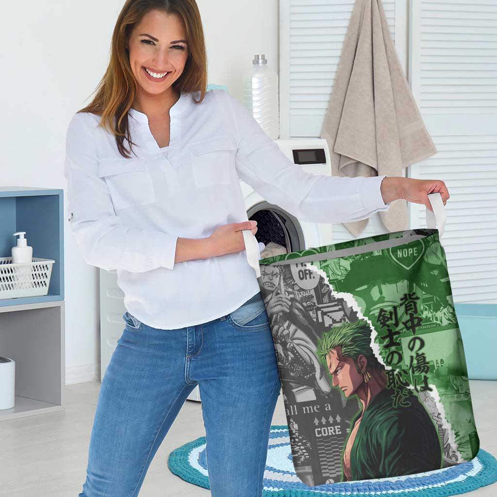 Zoro One Piece Green Theme Laundry Basket with Manga Collage and Dual Portrait Swordmaster Design - The Mazicc
