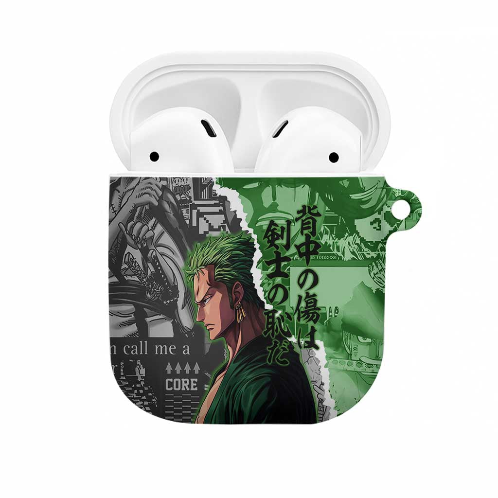 Zoro One Piece Green Theme AirPods Case with Manga Collage and Dual Portrait Swordmaster Design - The Mazicc