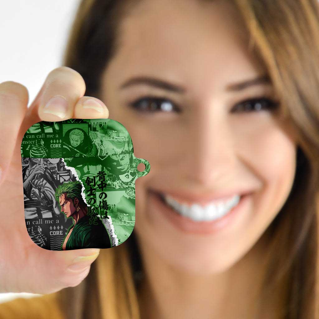 Zoro One Piece Green Theme AirPods Case with Manga Collage and Dual Portrait Swordmaster Design - The Mazicc