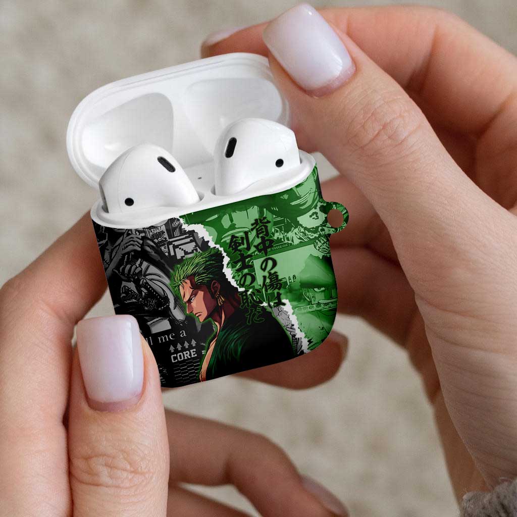 Zoro One Piece Green Theme AirPods Case with Manga Collage and Dual Portrait Swordmaster Design - The Mazicc