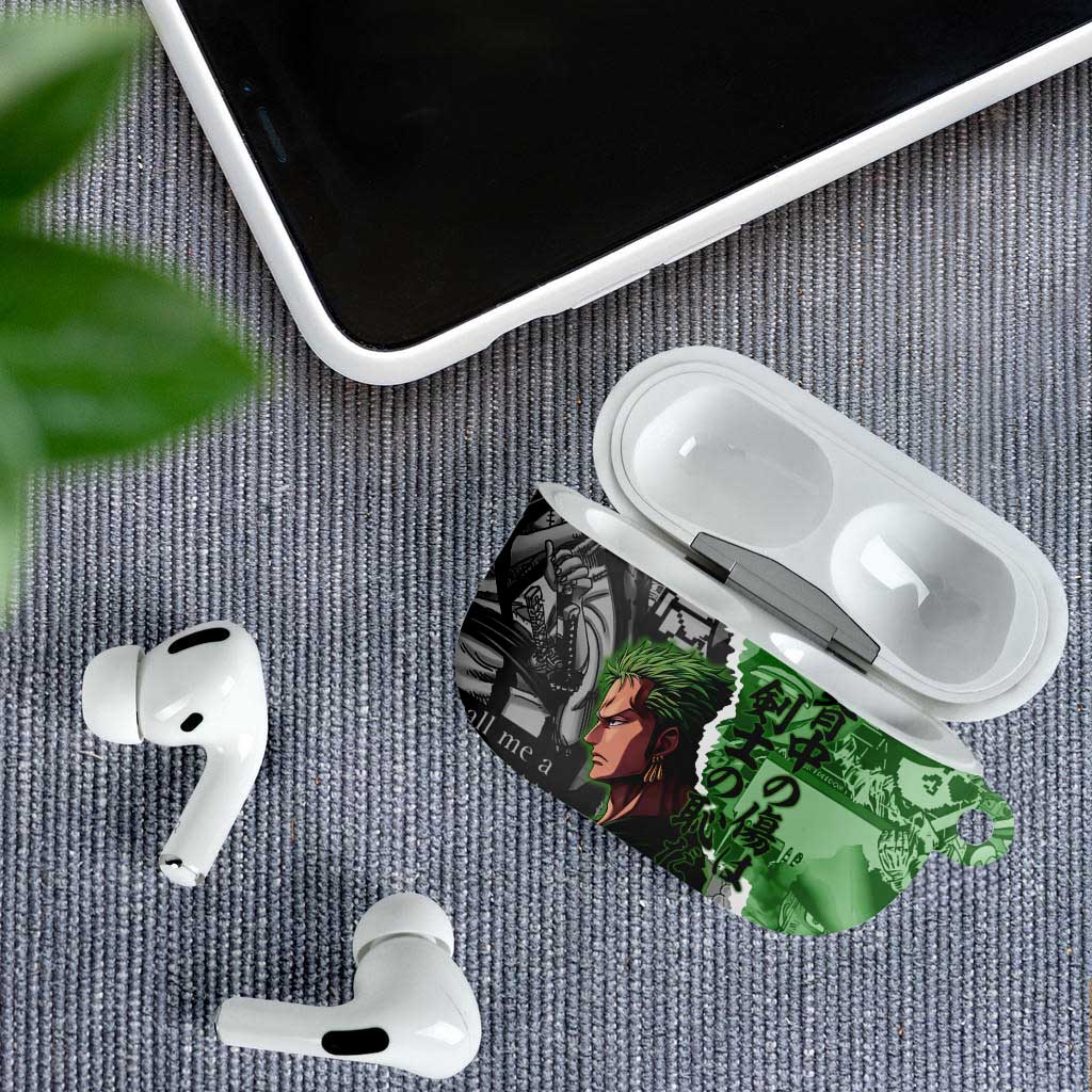 Zoro One Piece Green Theme AirPods Case with Manga Collage and Dual Portrait Swordmaster Design - The Mazicc