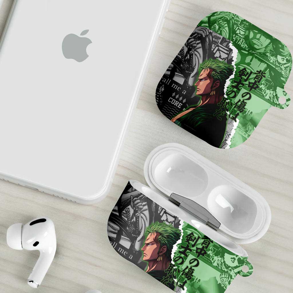 Zoro One Piece Green Theme AirPods Case with Manga Collage and Dual Portrait Swordmaster Design - The Mazicc