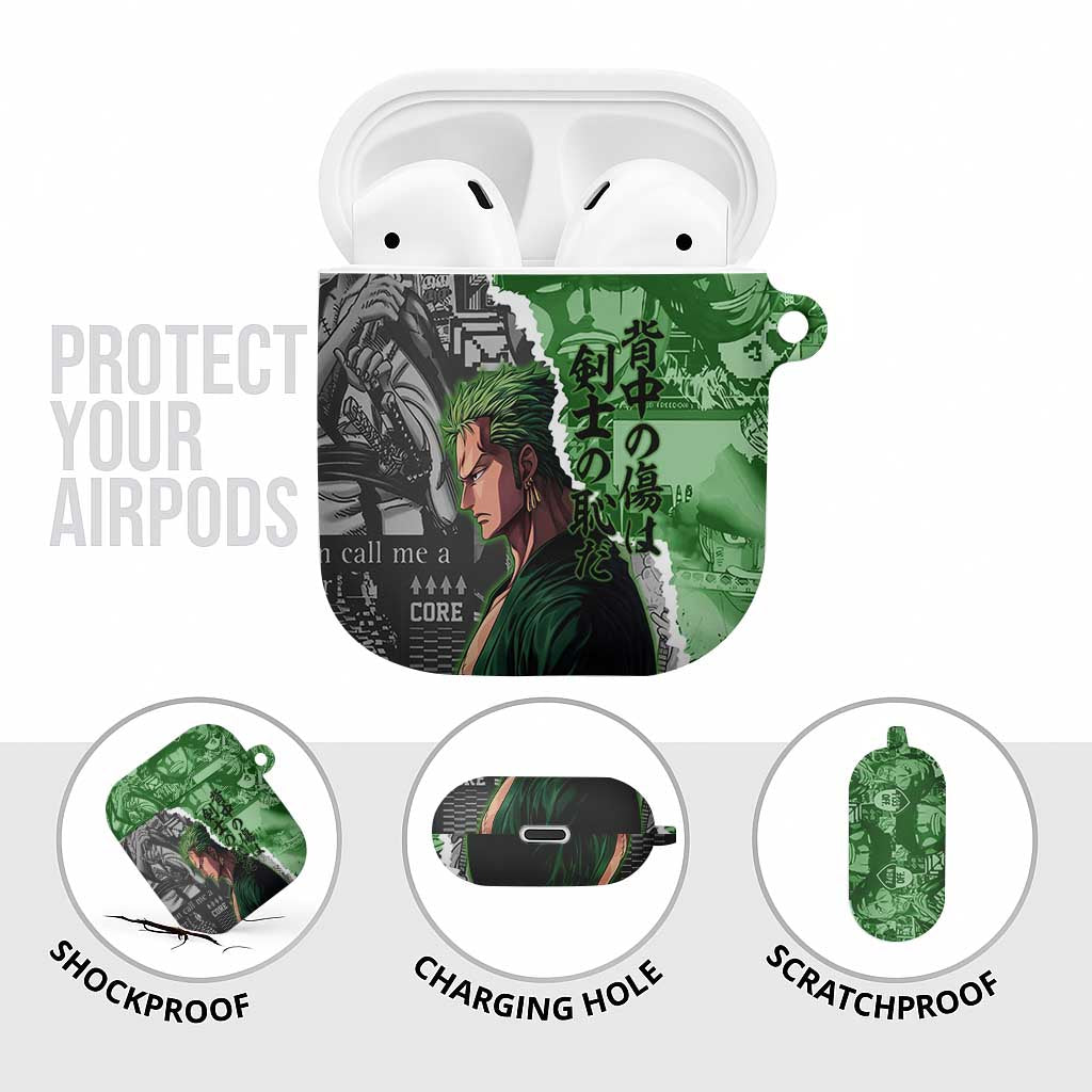 Zoro One Piece Green Theme AirPods Case with Manga Collage and Dual Portrait Swordmaster Design - The Mazicc
