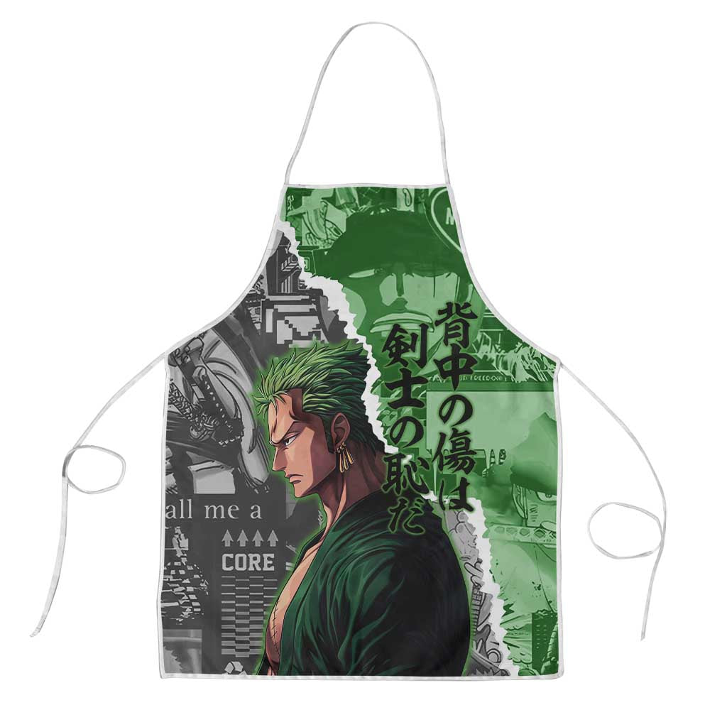 Zoro One Piece Green Theme Apron with Manga Collage and Dual Portrait Swordmaster Design - The Mazicc