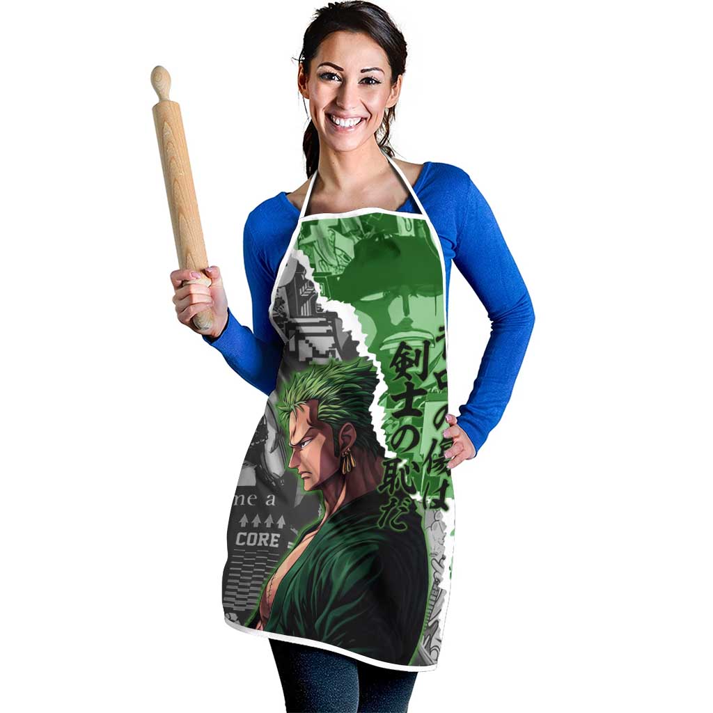 Zoro One Piece Green Theme Apron with Manga Collage and Dual Portrait Swordmaster Design - The Mazicc