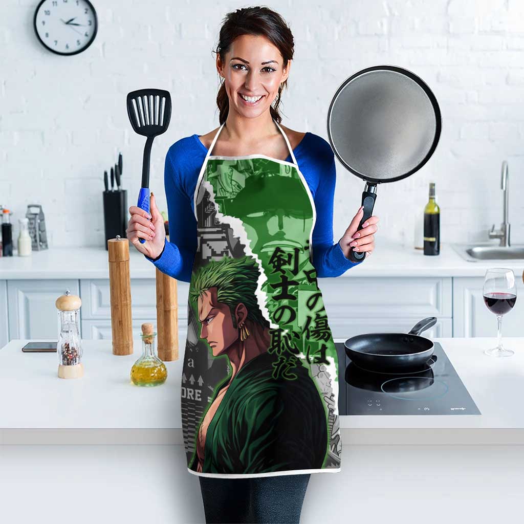 Zoro One Piece Green Theme Apron with Manga Collage and Dual Portrait Swordmaster Design - The Mazicc