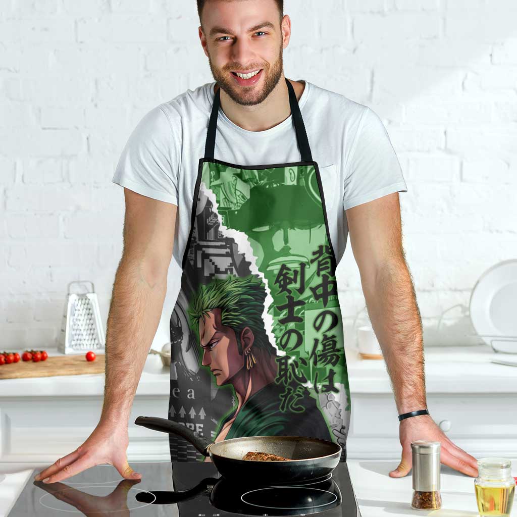 Zoro One Piece Green Theme Apron with Manga Collage and Dual Portrait Swordmaster Design - The Mazicc