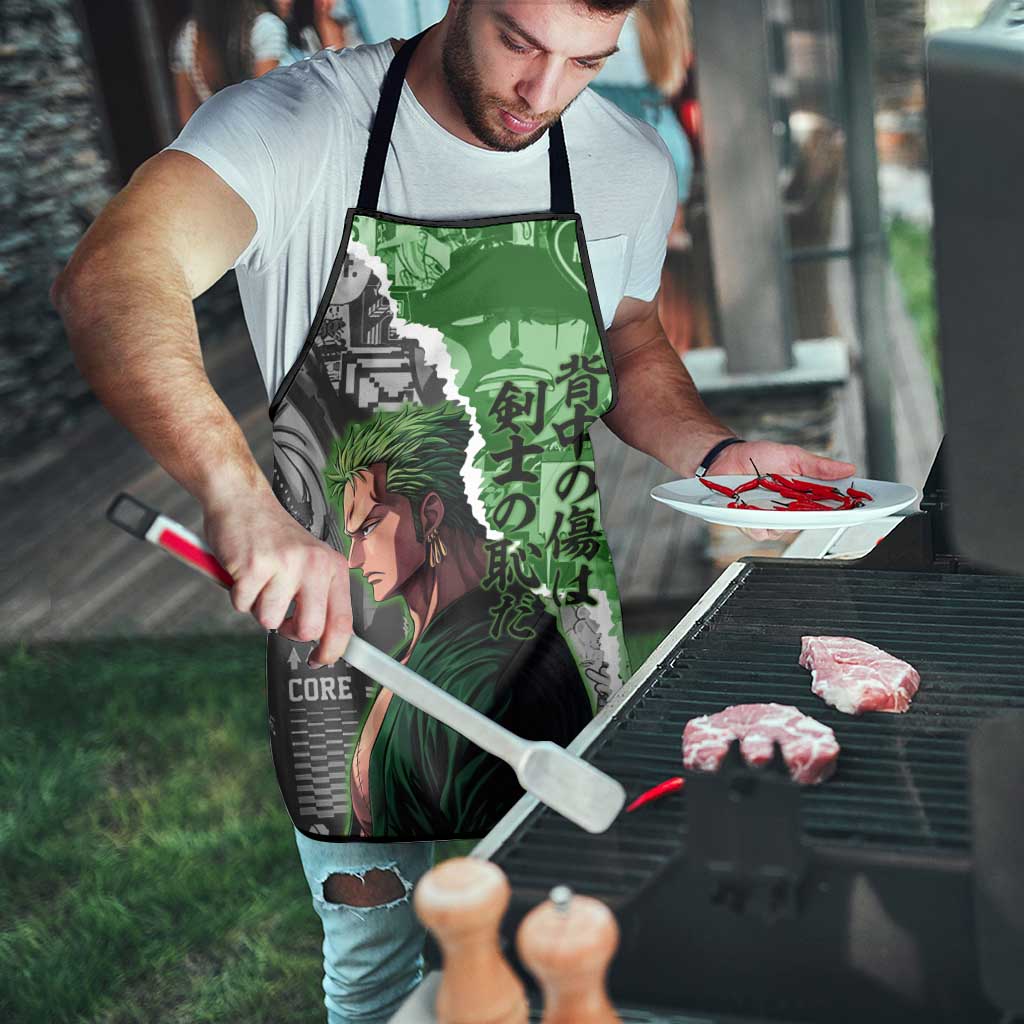 Zoro One Piece Green Theme Apron with Manga Collage and Dual Portrait Swordmaster Design - The Mazicc