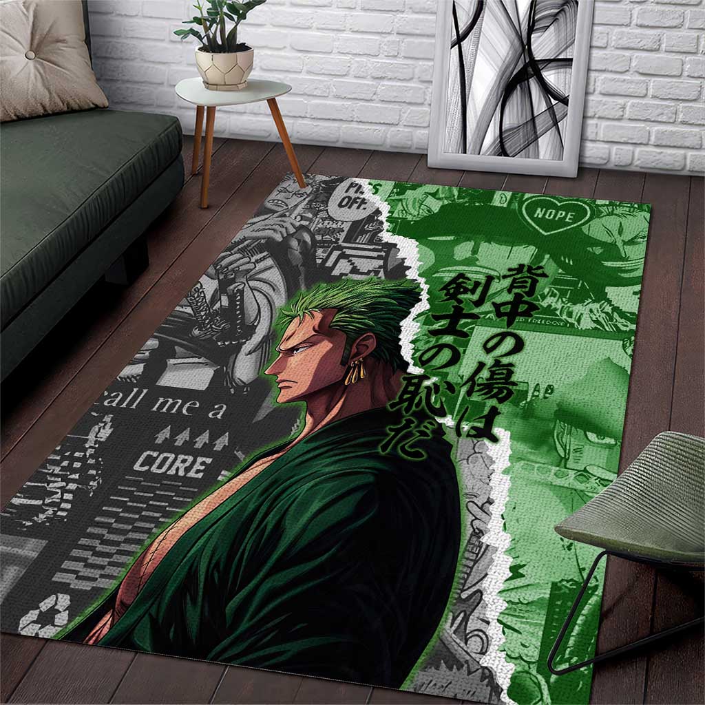 Zoro One Piece Green Theme Area Rug with Manga Collage and Dual Portrait Swordmaster Design - The Mazicc