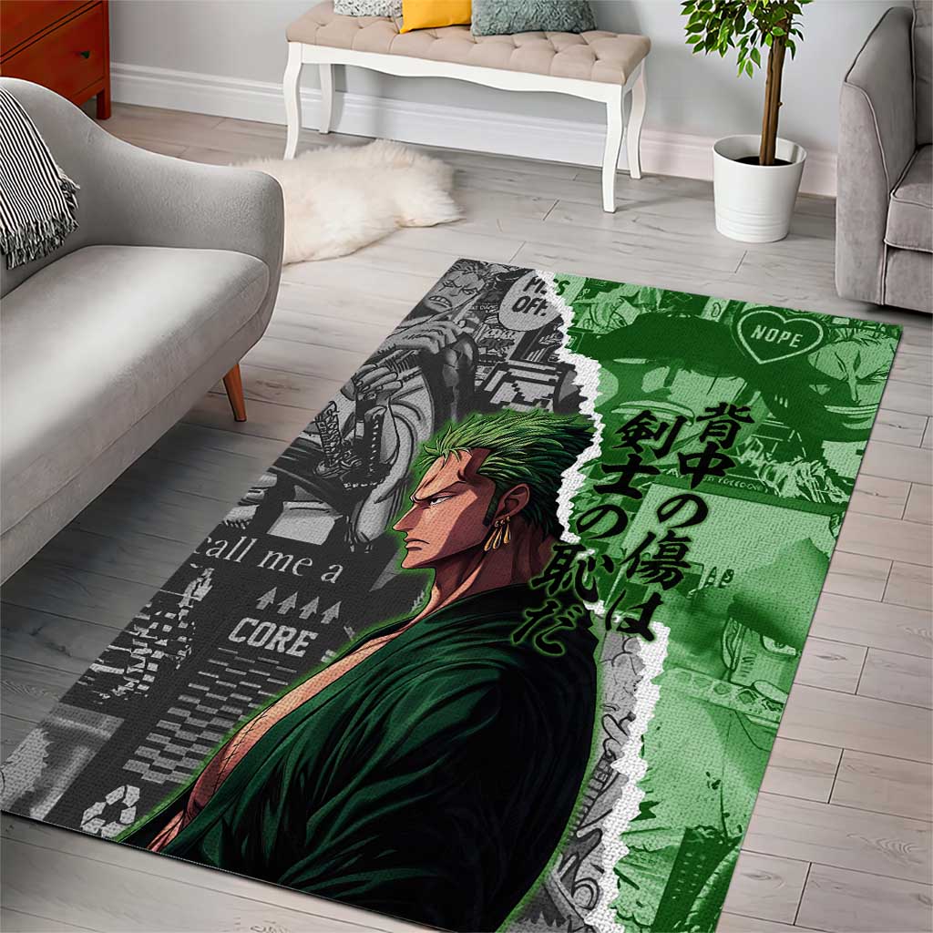 Zoro One Piece Green Theme Area Rug with Manga Collage and Dual Portrait Swordmaster Design - The Mazicc