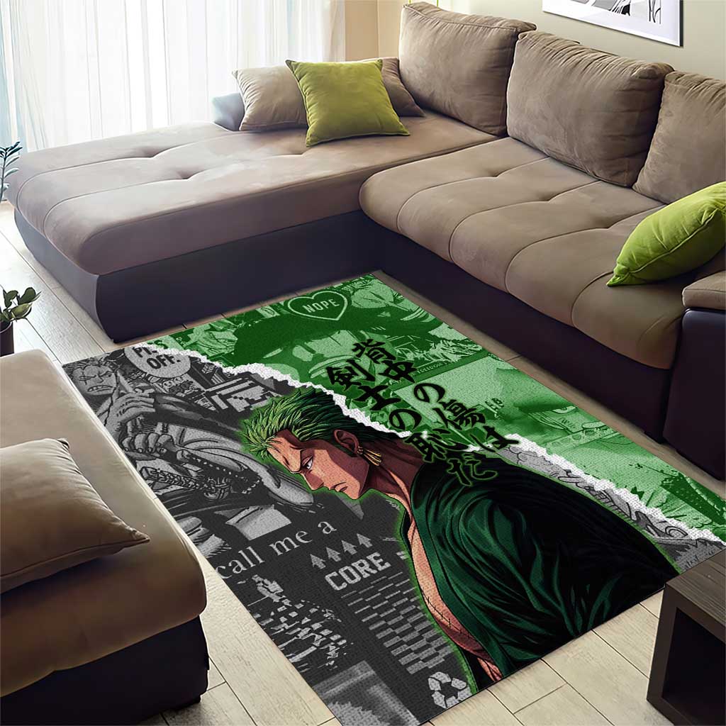 Zoro One Piece Green Theme Area Rug with Manga Collage and Dual Portrait Swordmaster Design - The Mazicc