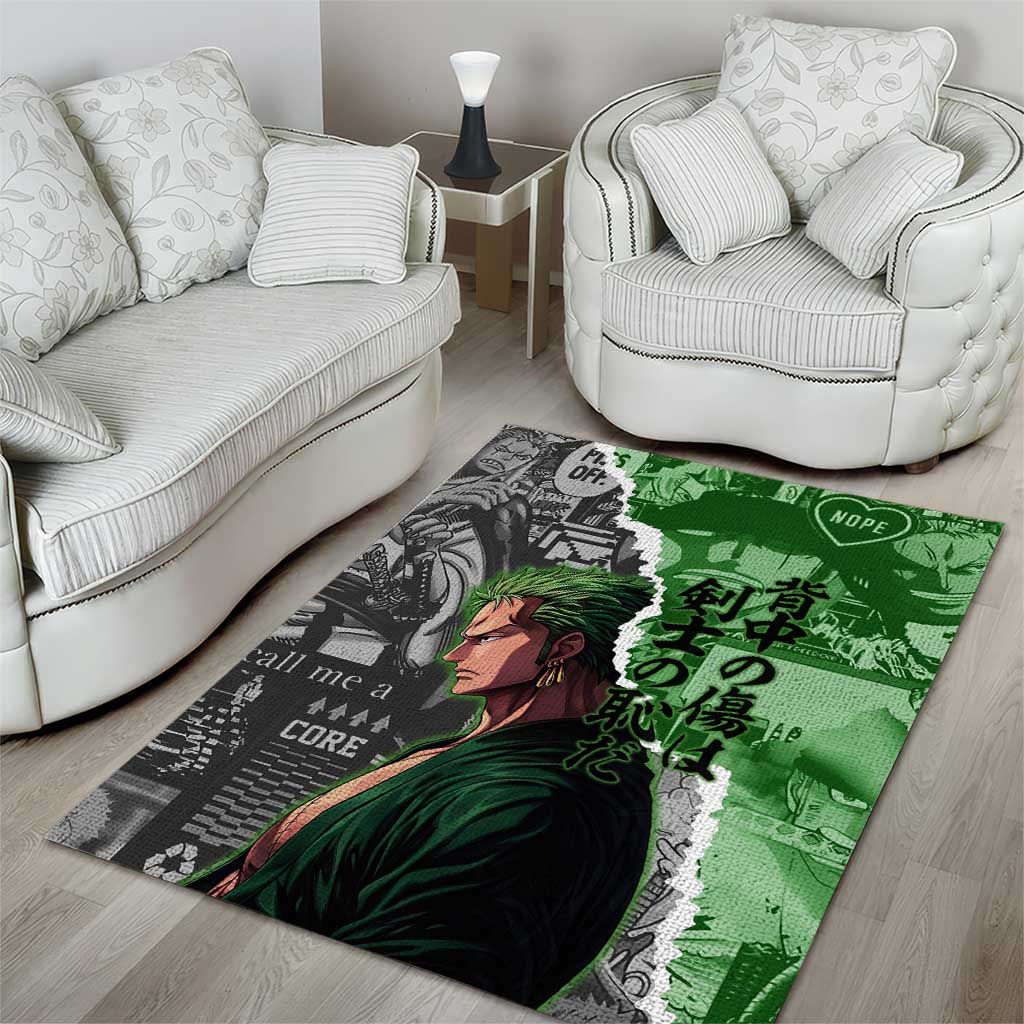 Zoro One Piece Green Theme Area Rug with Manga Collage and Dual Portrait Swordmaster Design - The Mazicc
