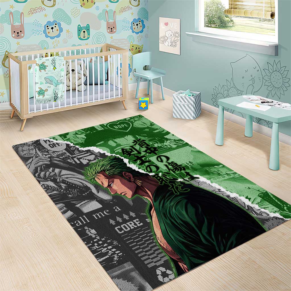 Zoro One Piece Green Theme Area Rug with Manga Collage and Dual Portrait Swordmaster Design - The Mazicc