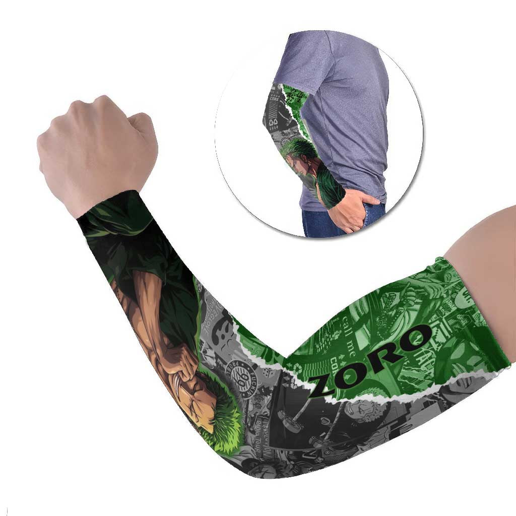 Zoro One Piece Green Theme Arm Sleeves with Manga Collage and Dual Portrait Swordmaster Design - The Mazicc