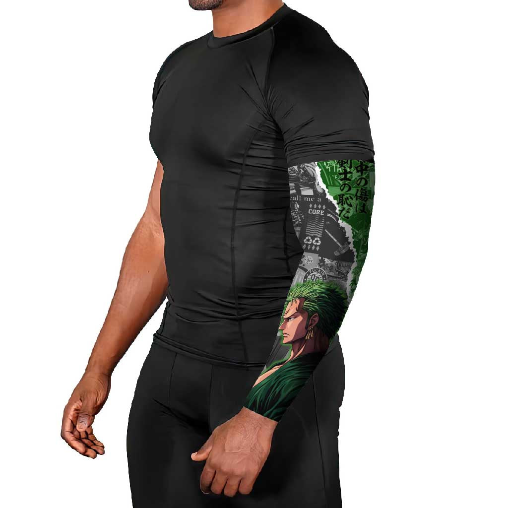 Zoro One Piece Green Theme Arm Sleeves with Manga Collage and Dual Portrait Swordmaster Design - The Mazicc
