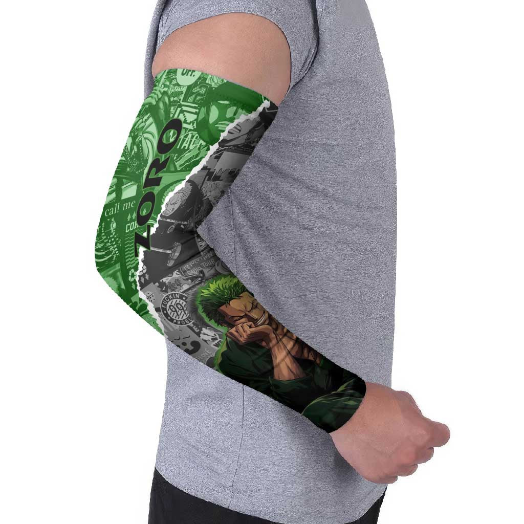 Zoro One Piece Green Theme Arm Sleeves with Manga Collage and Dual Portrait Swordmaster Design - The Mazicc