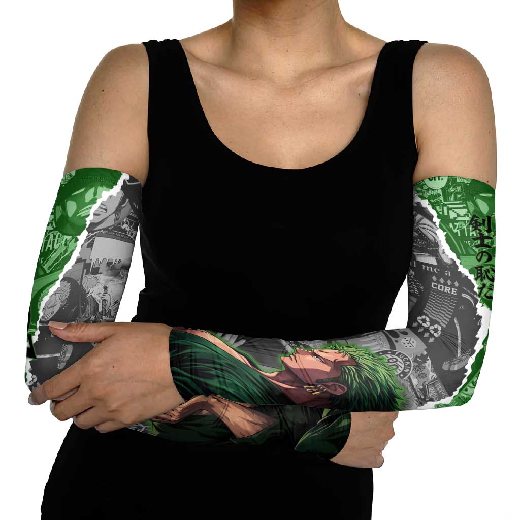 Zoro One Piece Green Theme Arm Sleeves with Manga Collage and Dual Portrait Swordmaster Design - The Mazicc