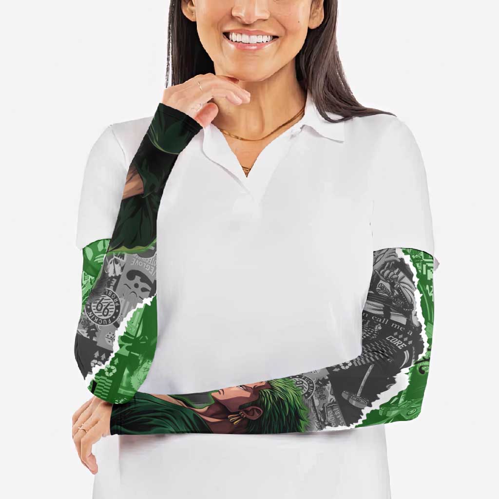Zoro One Piece Green Theme Arm Sleeves with Manga Collage and Dual Portrait Swordmaster Design - The Mazicc