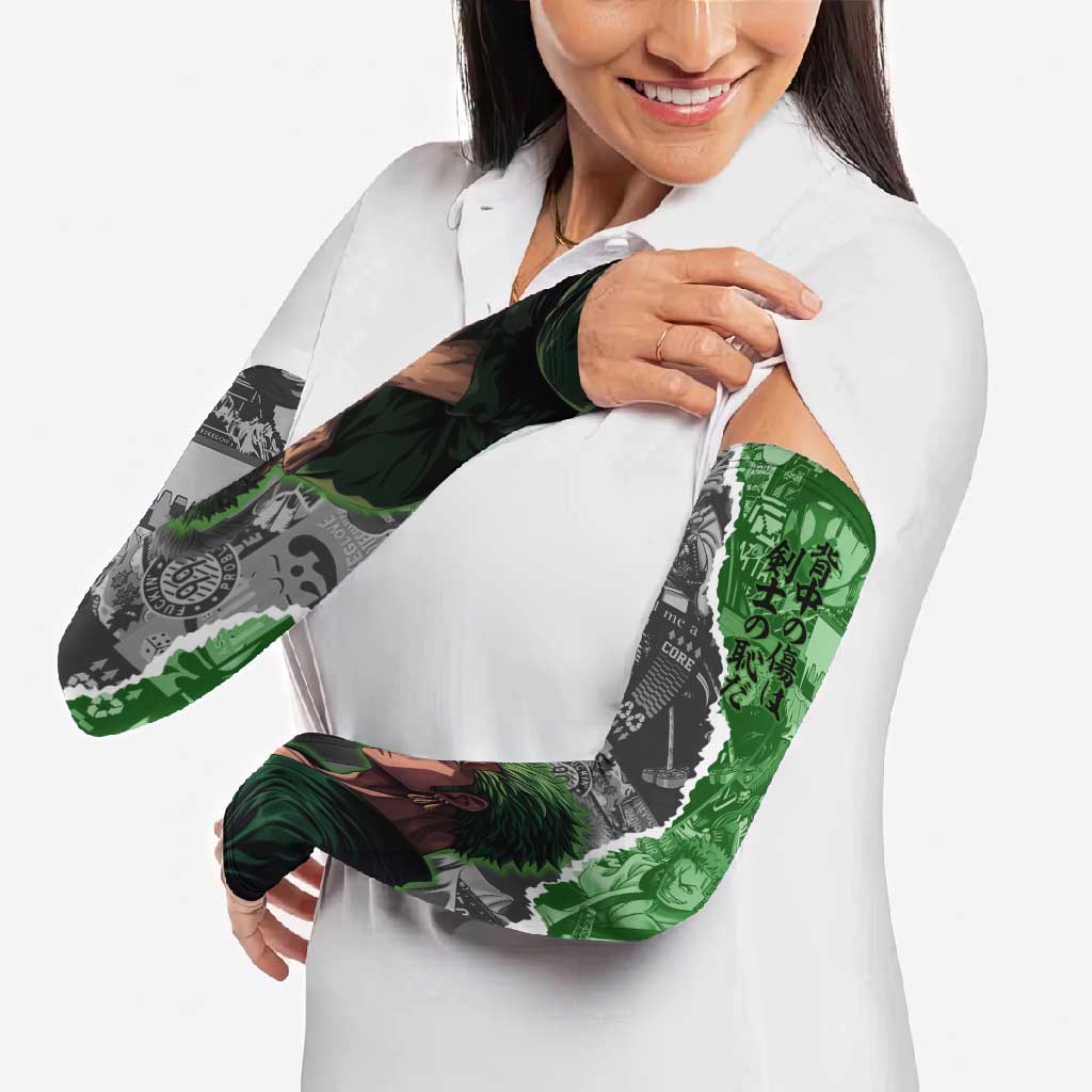 Zoro One Piece Green Theme Arm Sleeves with Manga Collage and Dual Portrait Swordmaster Design - The Mazicc