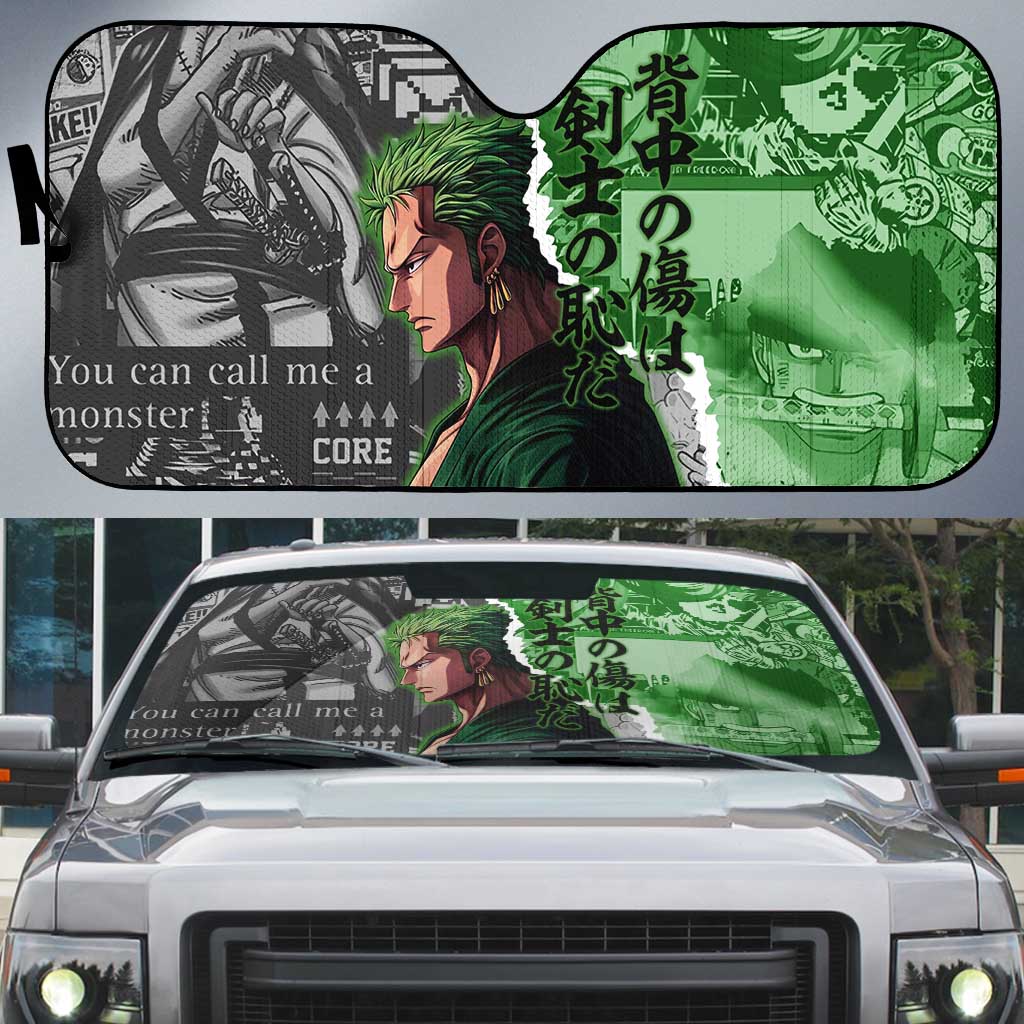 Zoro One Piece Green Theme Auto Sun Shade with Manga Collage and Dual Portrait Swordmaster Design - The Mazicc