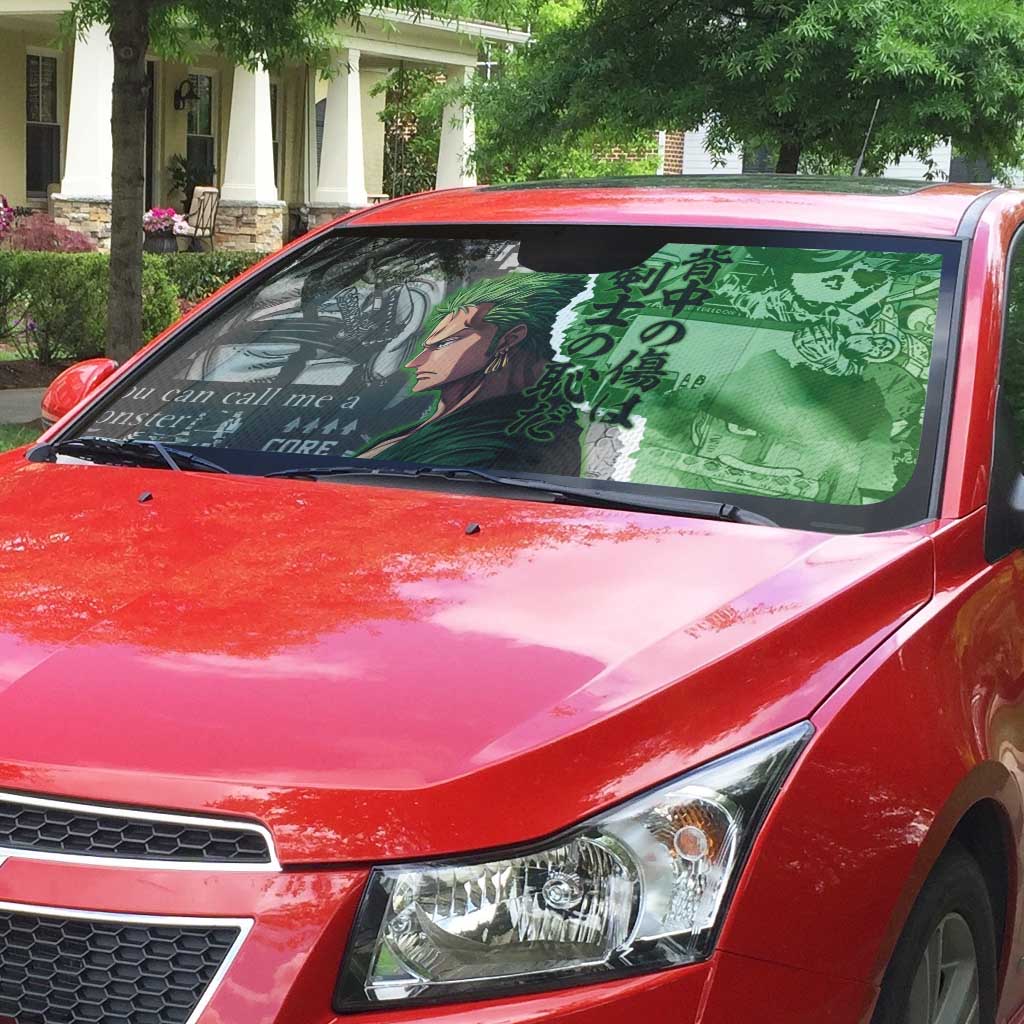 Zoro One Piece Green Theme Auto Sun Shade with Manga Collage and Dual Portrait Swordmaster Design - The Mazicc