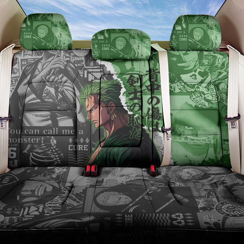 Zoro One Piece Green Theme Back Car Seat Cover with Manga Collage and Dual Portrait Swordmaster Design - The Mazicc