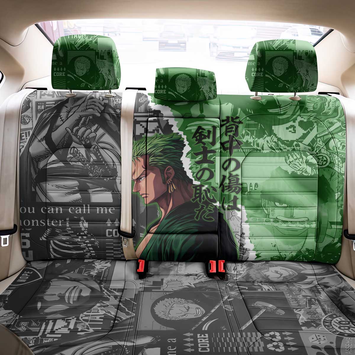 Zoro One Piece Green Theme Back Car Seat Cover with Manga Collage and Dual Portrait Swordmaster Design - The Mazicc