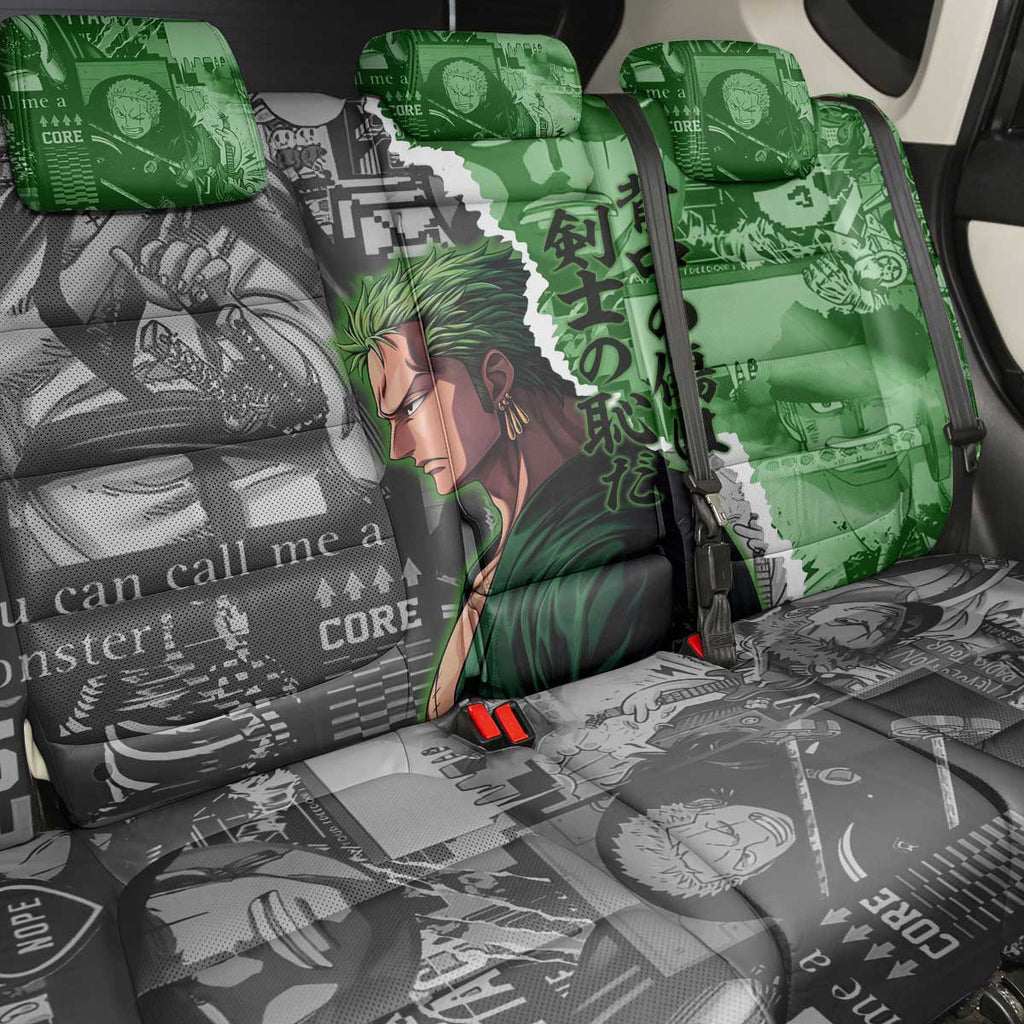 Zoro One Piece Green Theme Back Car Seat Cover with Manga Collage and Dual Portrait Swordmaster Design - The Mazicc
