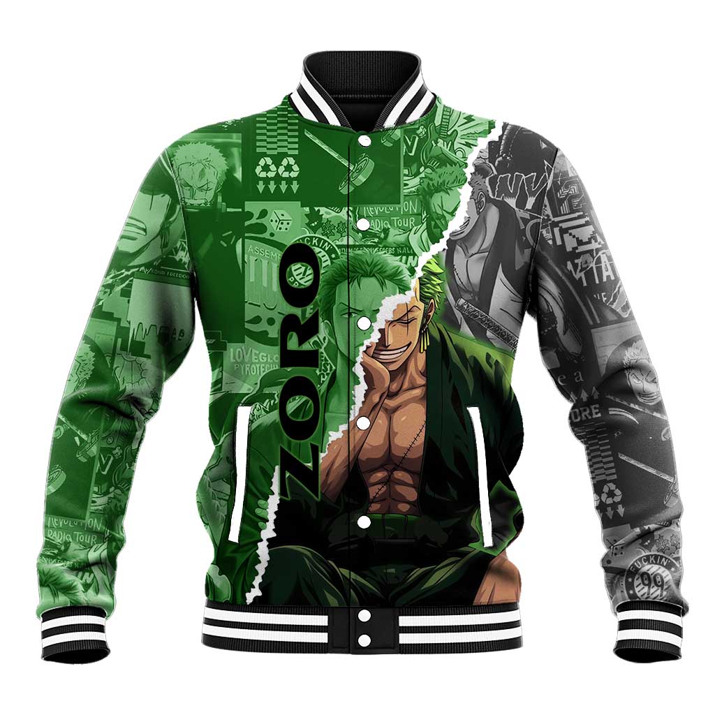 Zoro One Piece Green Theme Baseball Jacket with Manga Collage and Dual Portrait Swordmaster Design - The Mazicc