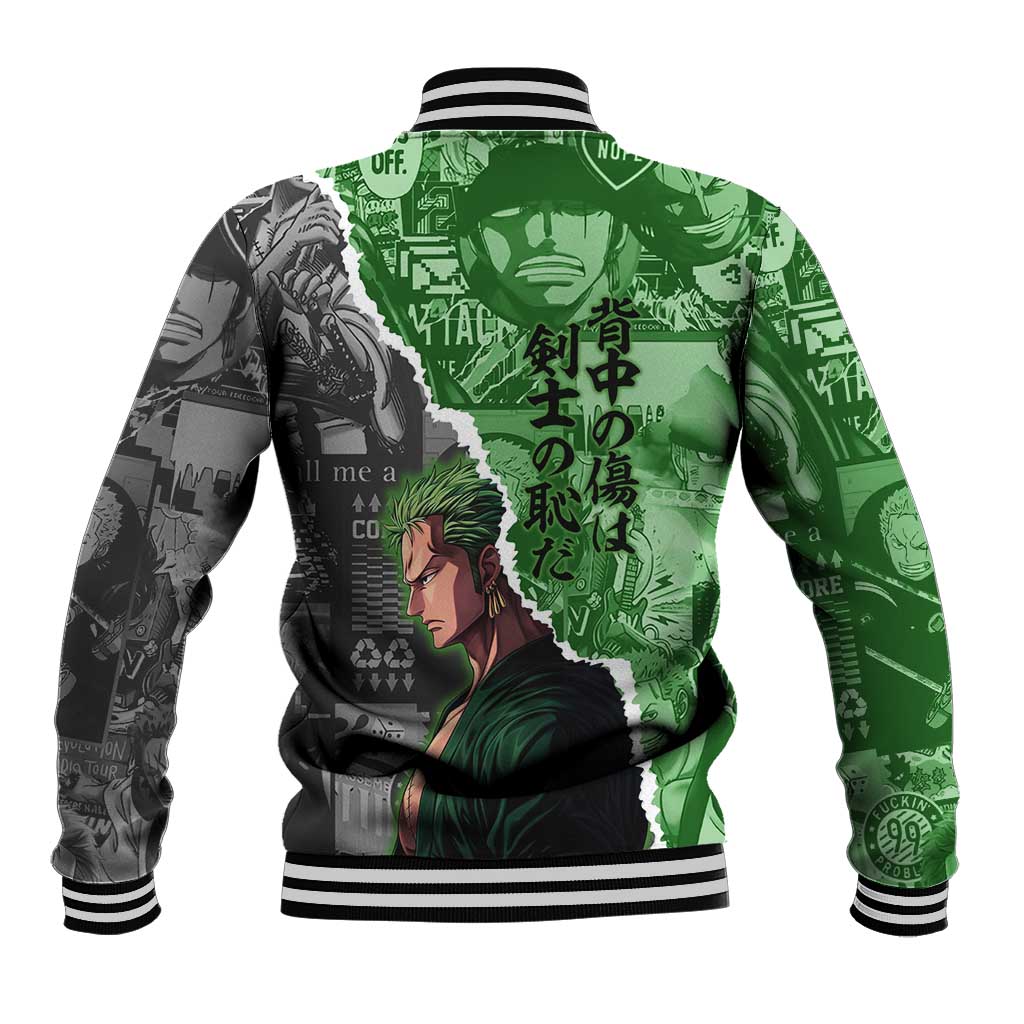 Zoro One Piece Green Theme Baseball Jacket with Manga Collage and Dual Portrait Swordmaster Design - The Mazicc