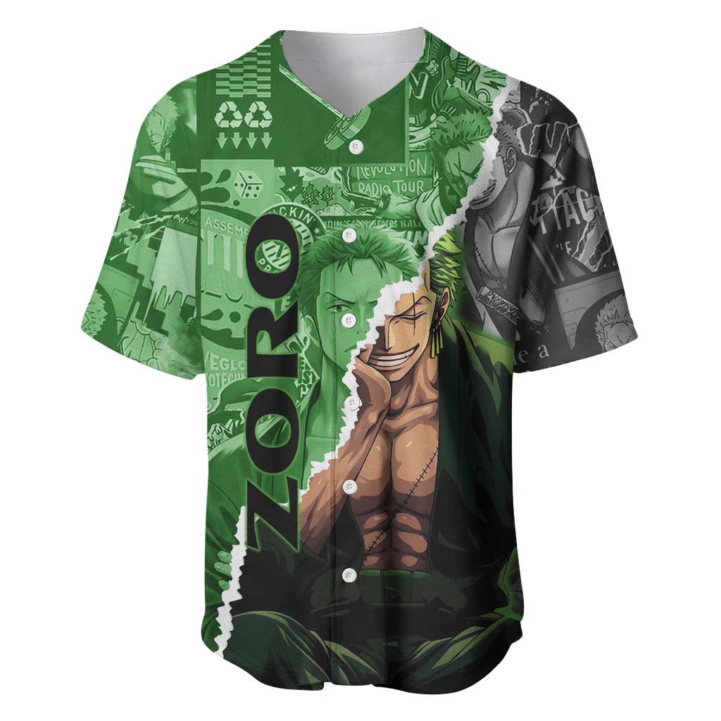 Zoro One Piece Green Theme Baseball Jersey with Manga Collage and Dual Portrait Swordmaster Design - The Mazicc