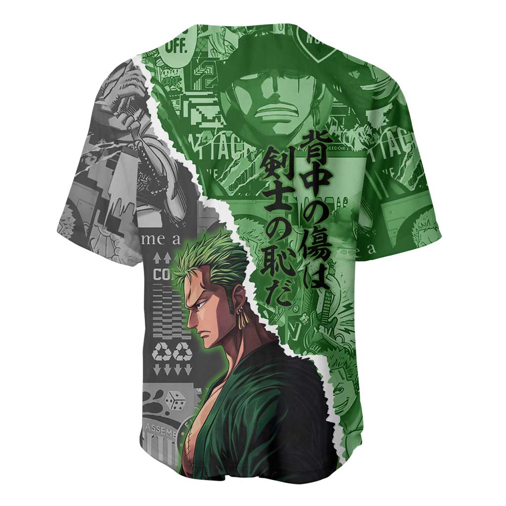 Zoro One Piece Green Theme Baseball Jersey with Manga Collage and Dual Portrait Swordmaster Design - The Mazicc