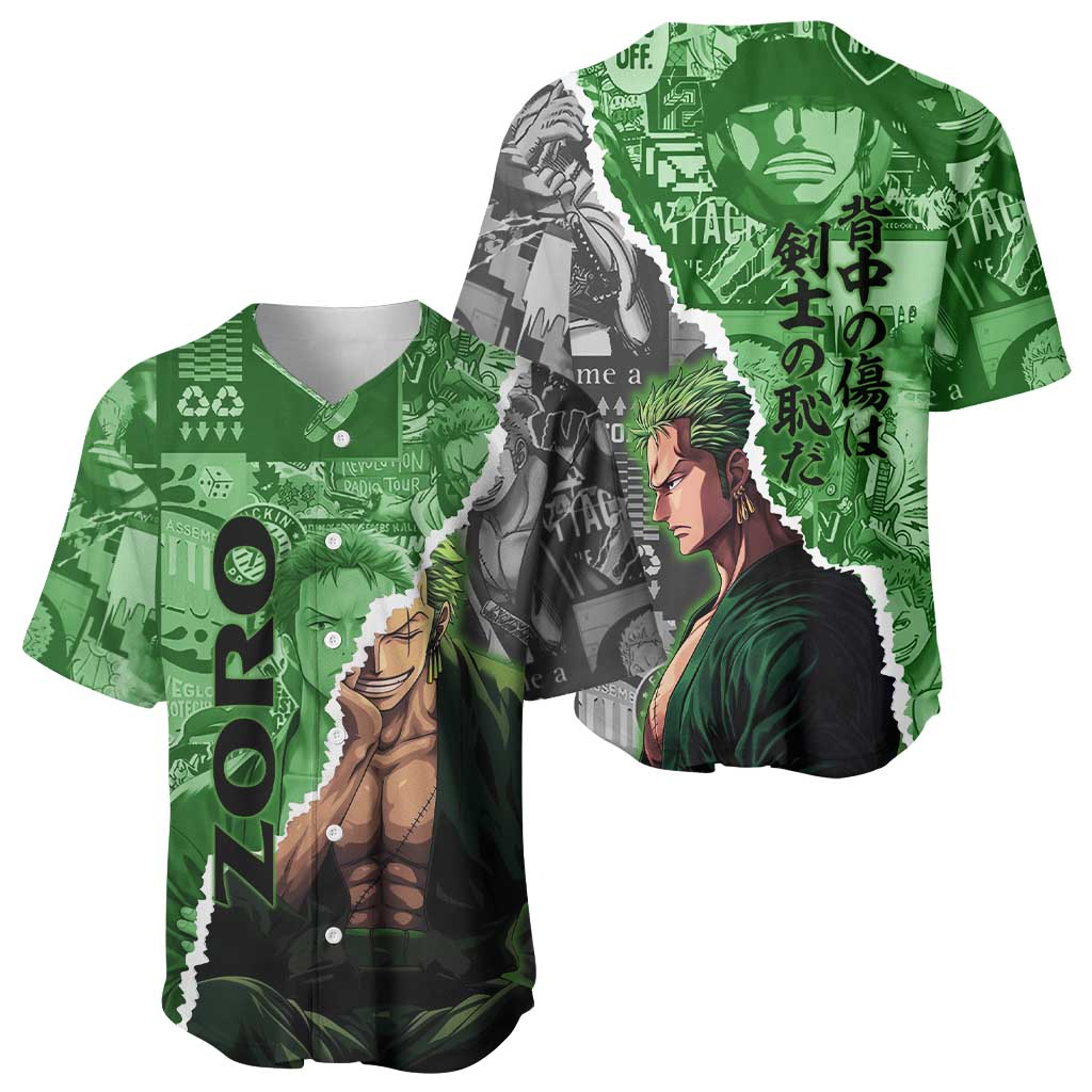 Zoro One Piece Green Theme Baseball Jersey with Manga Collage and Dual Portrait Swordmaster Design - The Mazicc